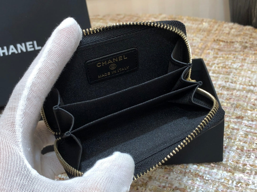 Chanel 復古CC荔枝牛皮拉鍊零錢包-仿舊五金