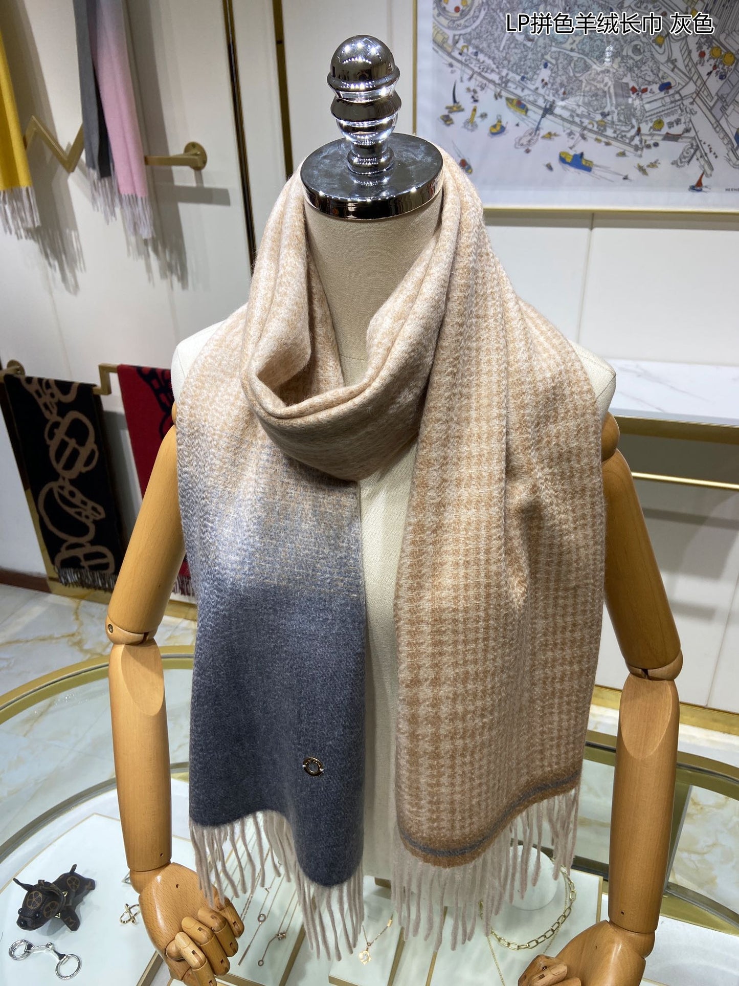 L-Piana 雙面拼色羊絨長圍巾 33*190cm-100%頂級端野羊絨