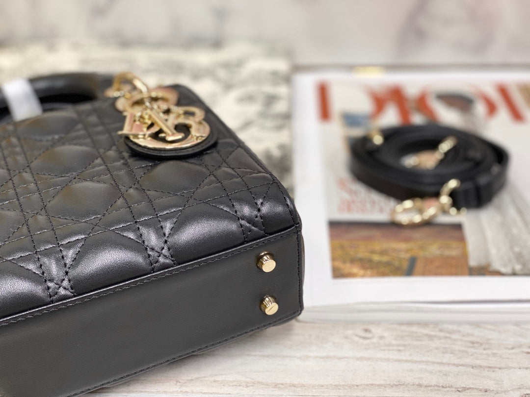 Dior-Mini Lady Dior手袋-三格黛妃-17cm-黑色金扣
