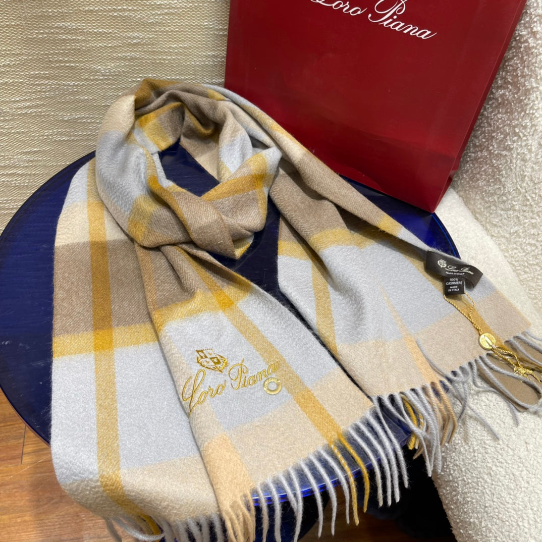 L-Piana-格子圍巾 30*168cm 100%羊絨 藍色