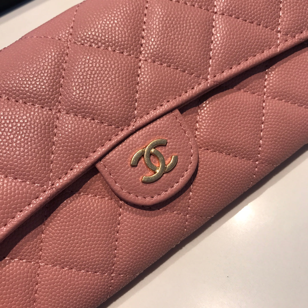Chanel CF翻蓋長夾-粉色荔枝皮金釦