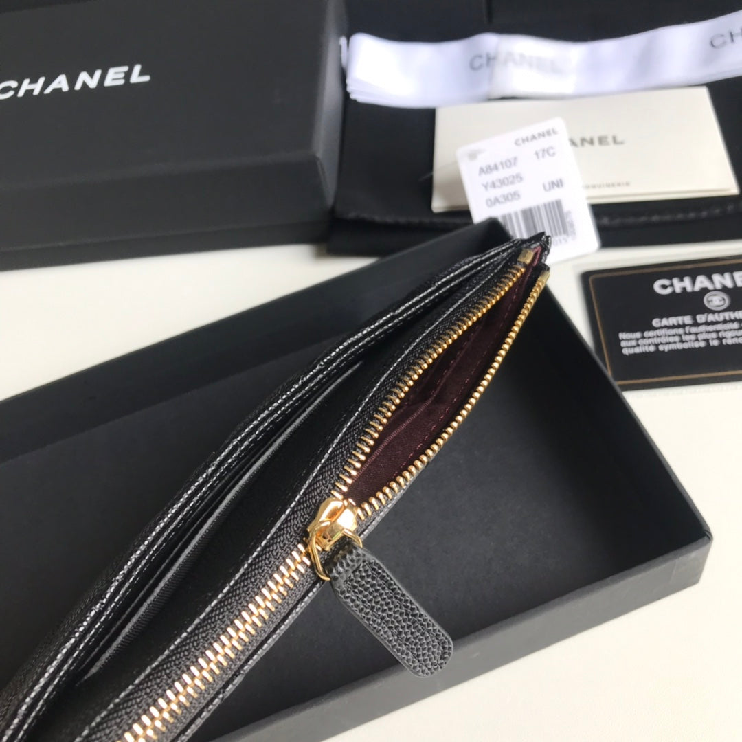 Chanel 拉鍊長夾卡包-扁長夾-黑色荔枝皮金釦