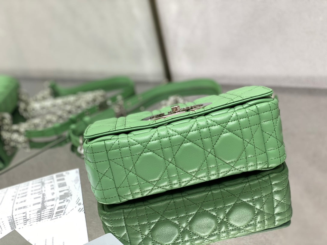 Dior Caro 小號20cm-綠色銀扣小牛皮