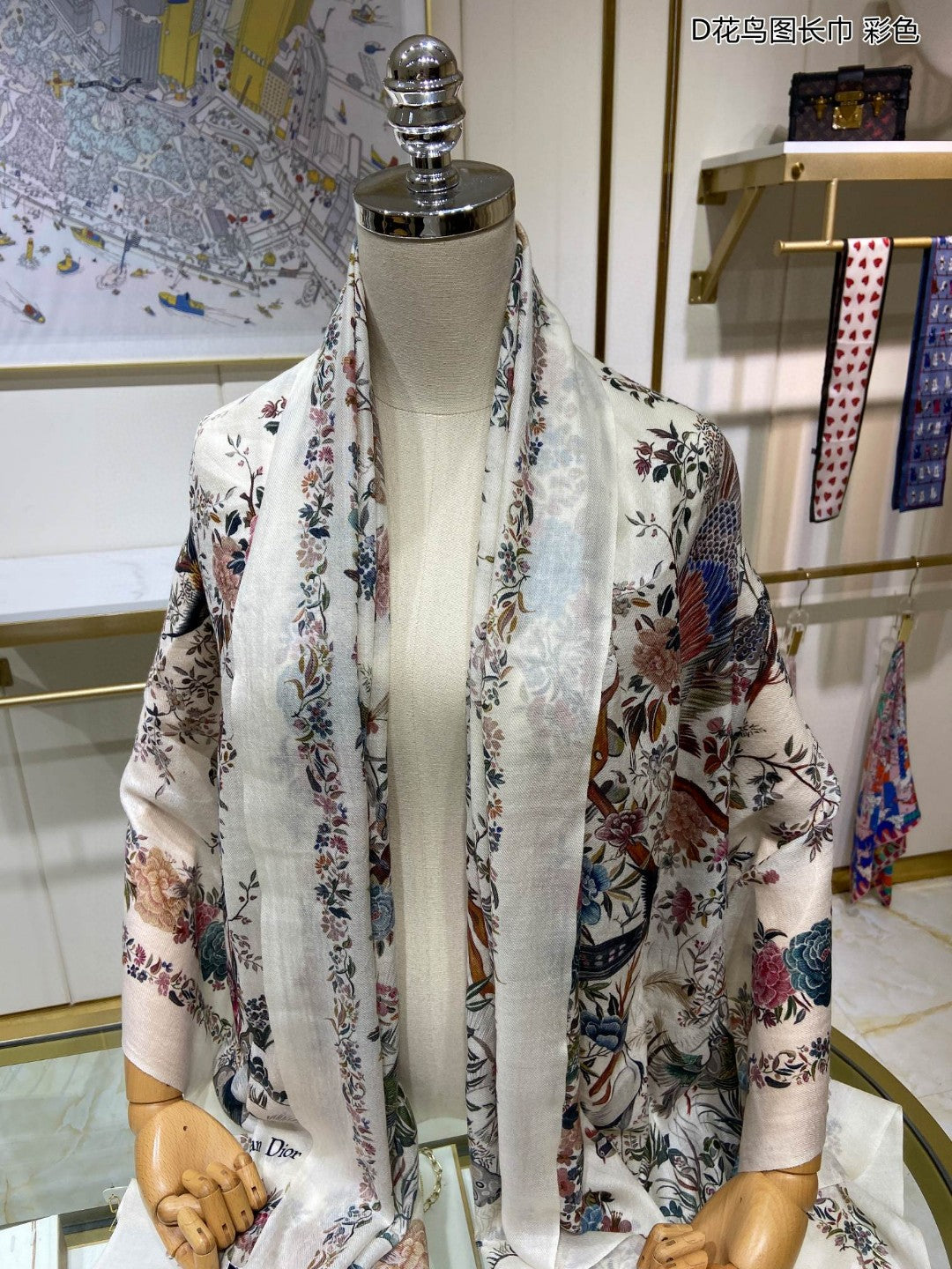 迪D家-花鳥圖長圍巾 110*200cm 100%頂級羊絨 白色