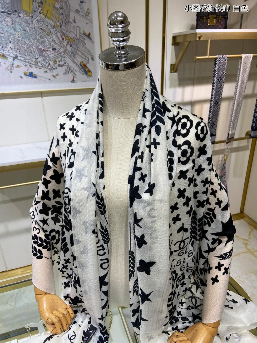 小香家-小圖花飾長圍巾 110*200cm 100%頂級羊絨 白色