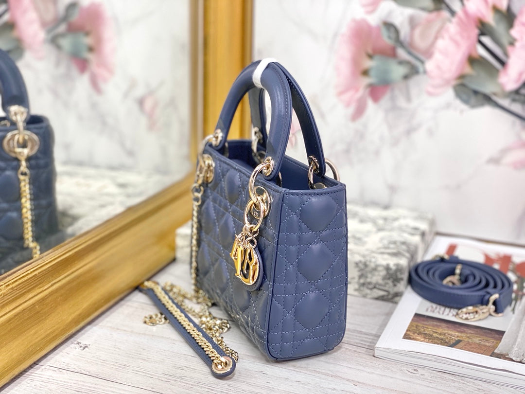 Dior-Mini Lady Dior手袋-三格黛妃-17cm-深藍丹寧金扣