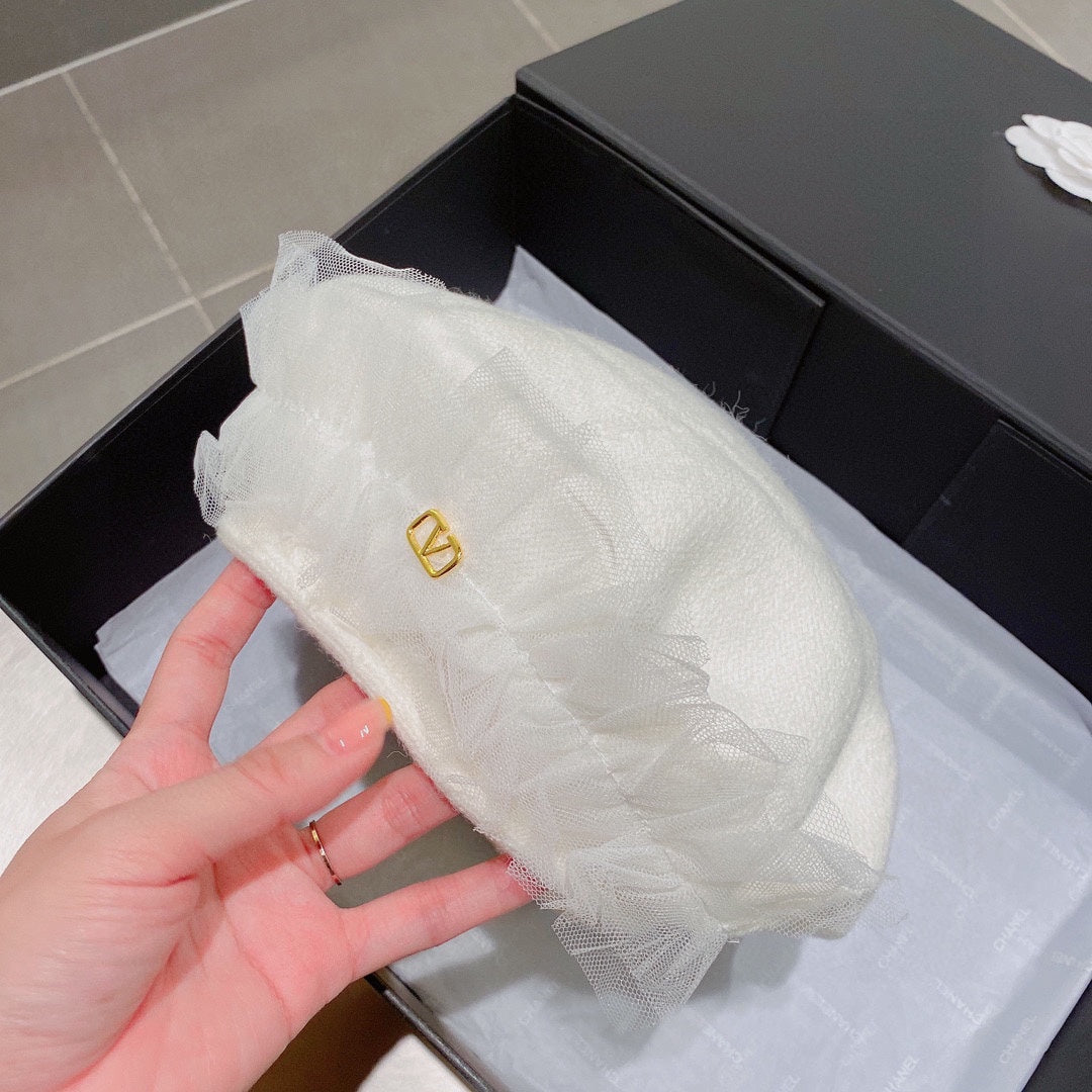 范倫V-網紗貝雷帽 白色
