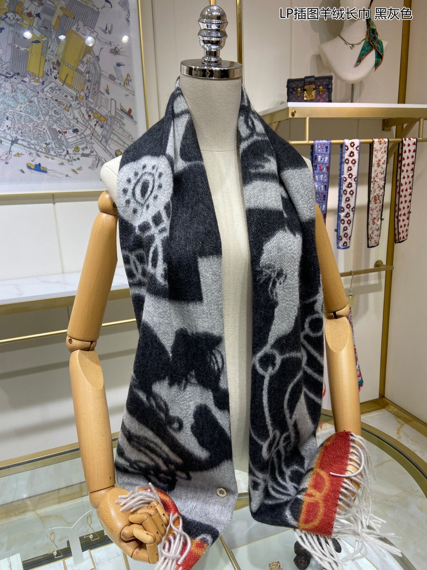 L-Piana 插圖羊絨長圍巾 33*190cm-100%頂級端野羊絨