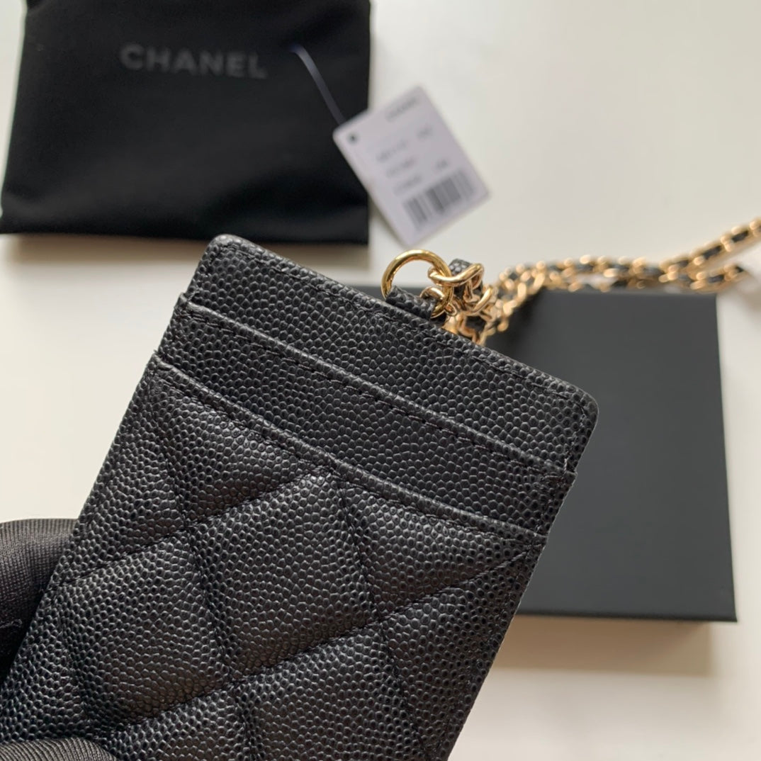 Chanel 證件套-黑色荔枝皮金釦