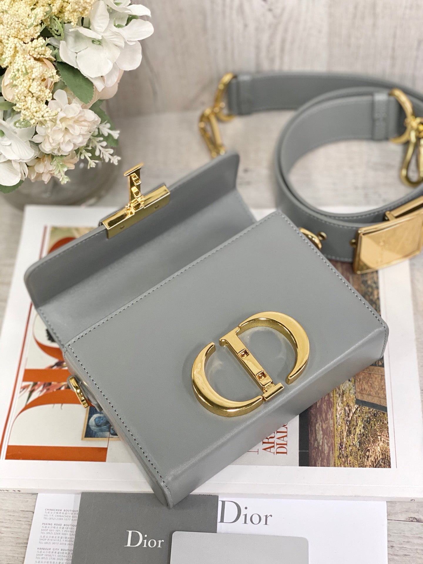 Dior 蒙田 Mini Box-平紋牛皮-金扣-17.5cm-灰色