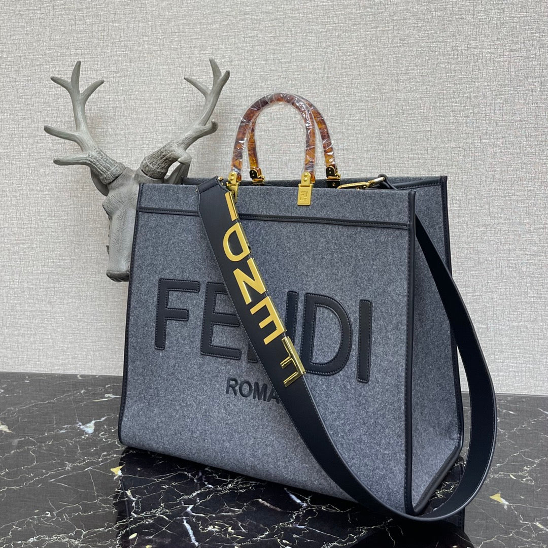 芬F家-Fendi Sunshine-中號灰色燙印牛皮手提袋