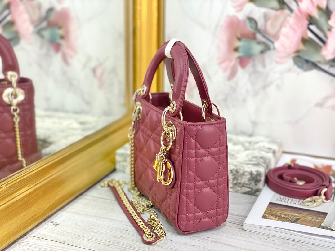 Dior-Mini Lady Dior手袋-三格黛妃-17cm-木槿粉金扣