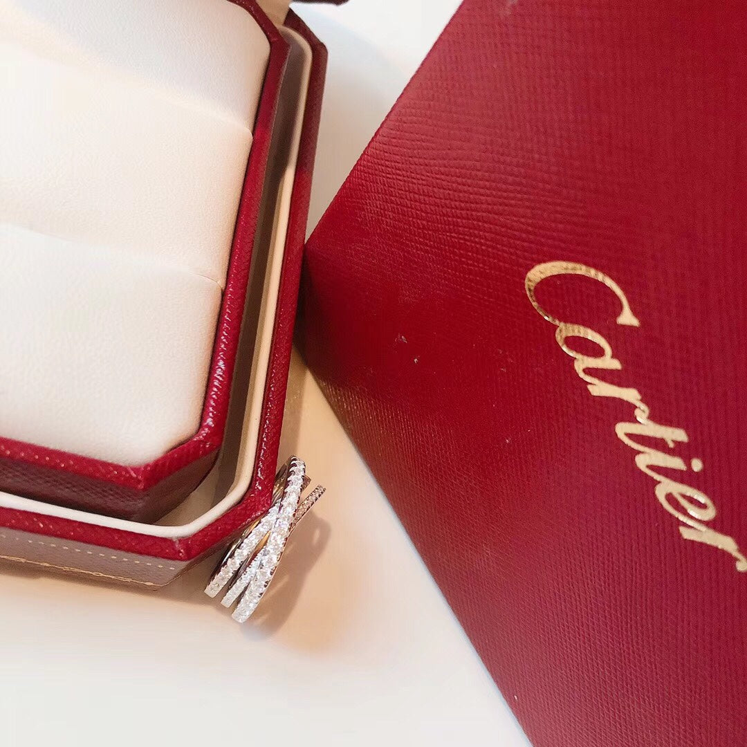 Cartier 窄版交叉戒指戒指-白金-三排鑽