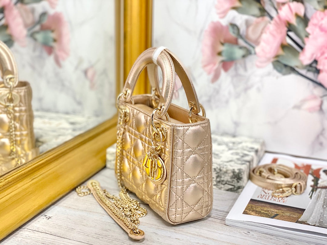 Dior-Mini Lady Dior手袋-三格黛妃-17cm-珠光金金扣