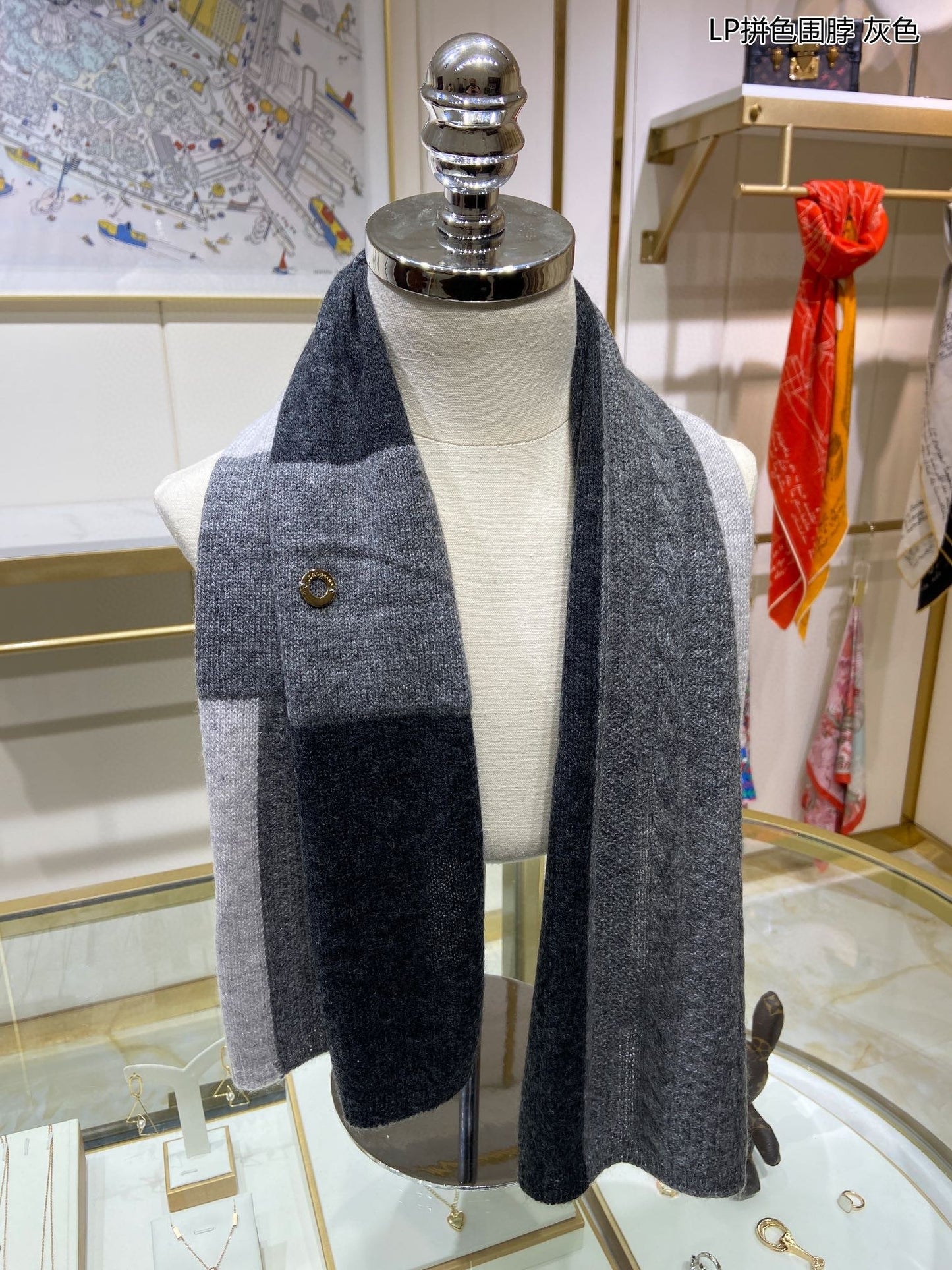 L-Piana-拼色圍巾 33*95cm 100%山羊絨 藍色