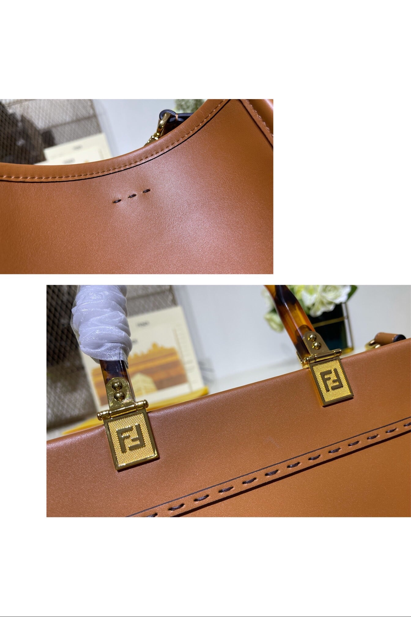 芬F家-Fendi Sunshine-中號棕色牛皮手提袋