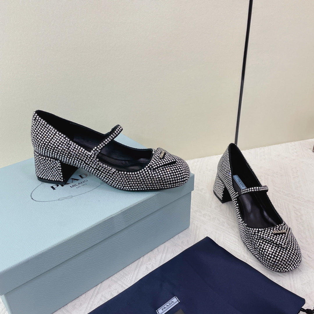 Prada 鞋-Prada 貼鑽低跟 瑪莉珍鞋（銀）