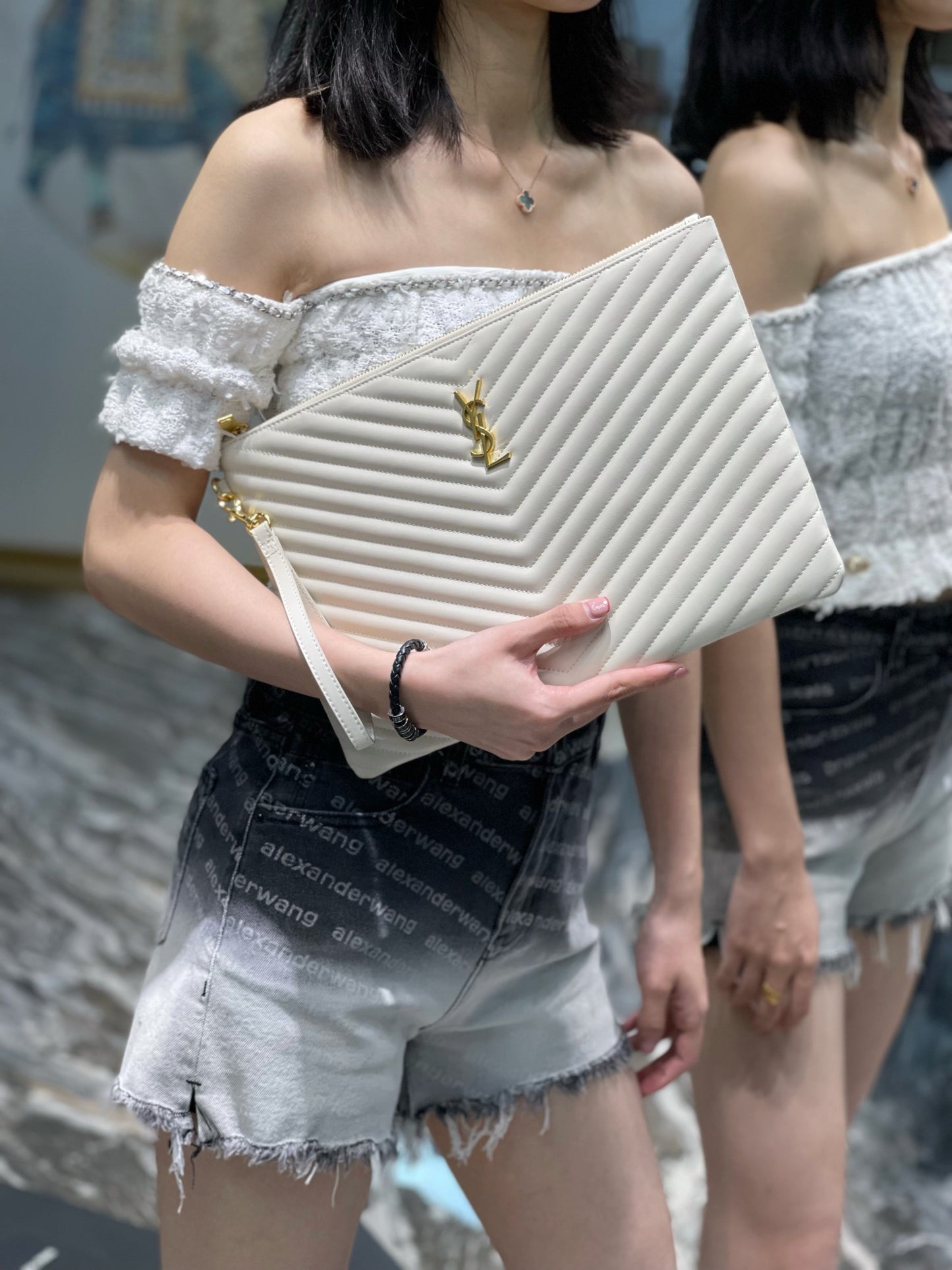 YSL 提花拼接文件手拿包-白色金扣-全尺寸集合