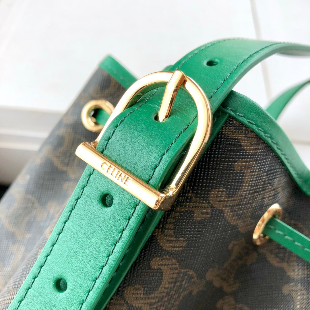 Celine TRIOMPHE帆布小號抽繩包-綠色老花