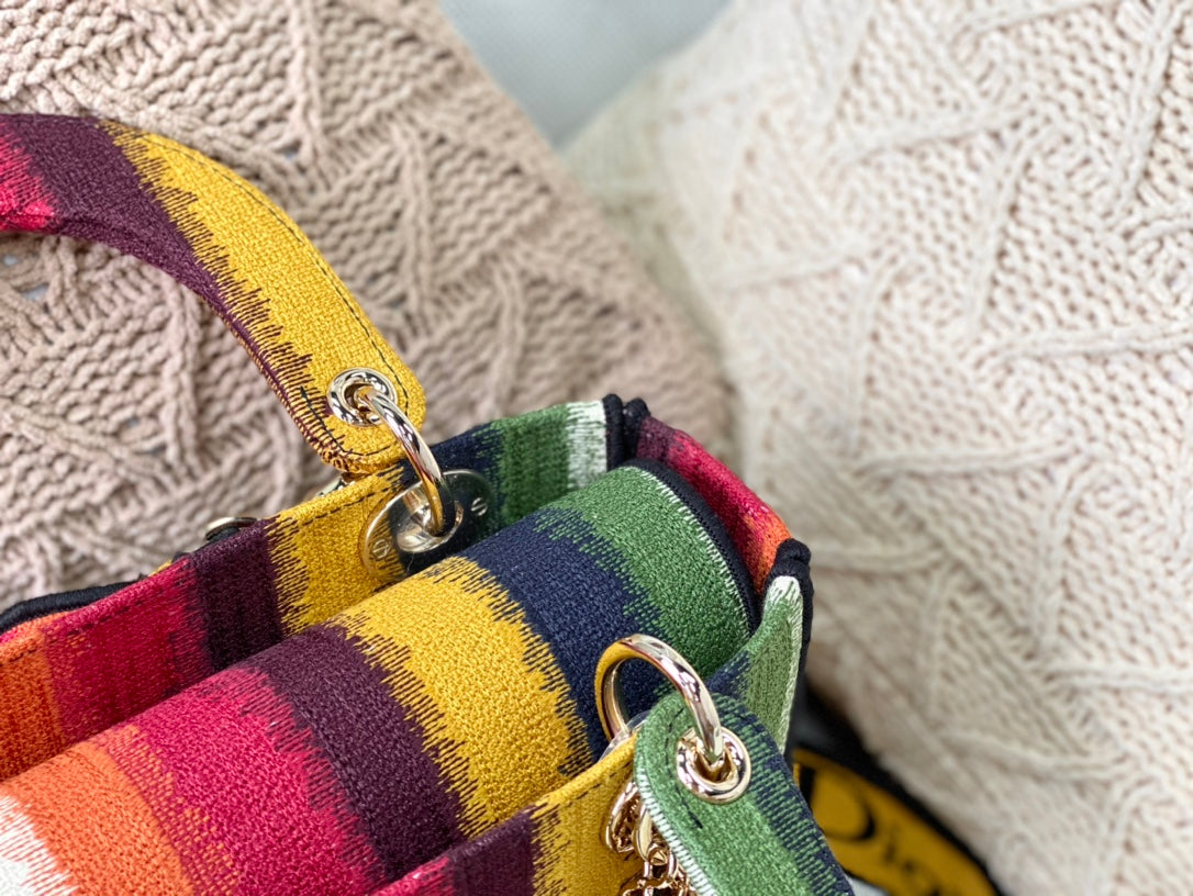 Dior Lady D-Lite黛妃包-帆布刺繡-多色條紋