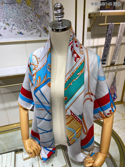 小愛款-華麗馬車羊絨方巾 140cm-30%真絲70%羊毛