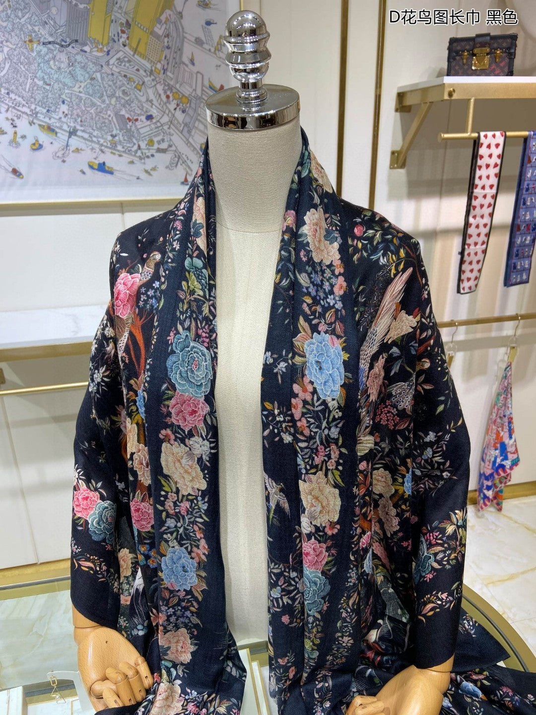 迪D家-花鳥圖長圍巾 110*200cm 100%頂級羊絨 藍色