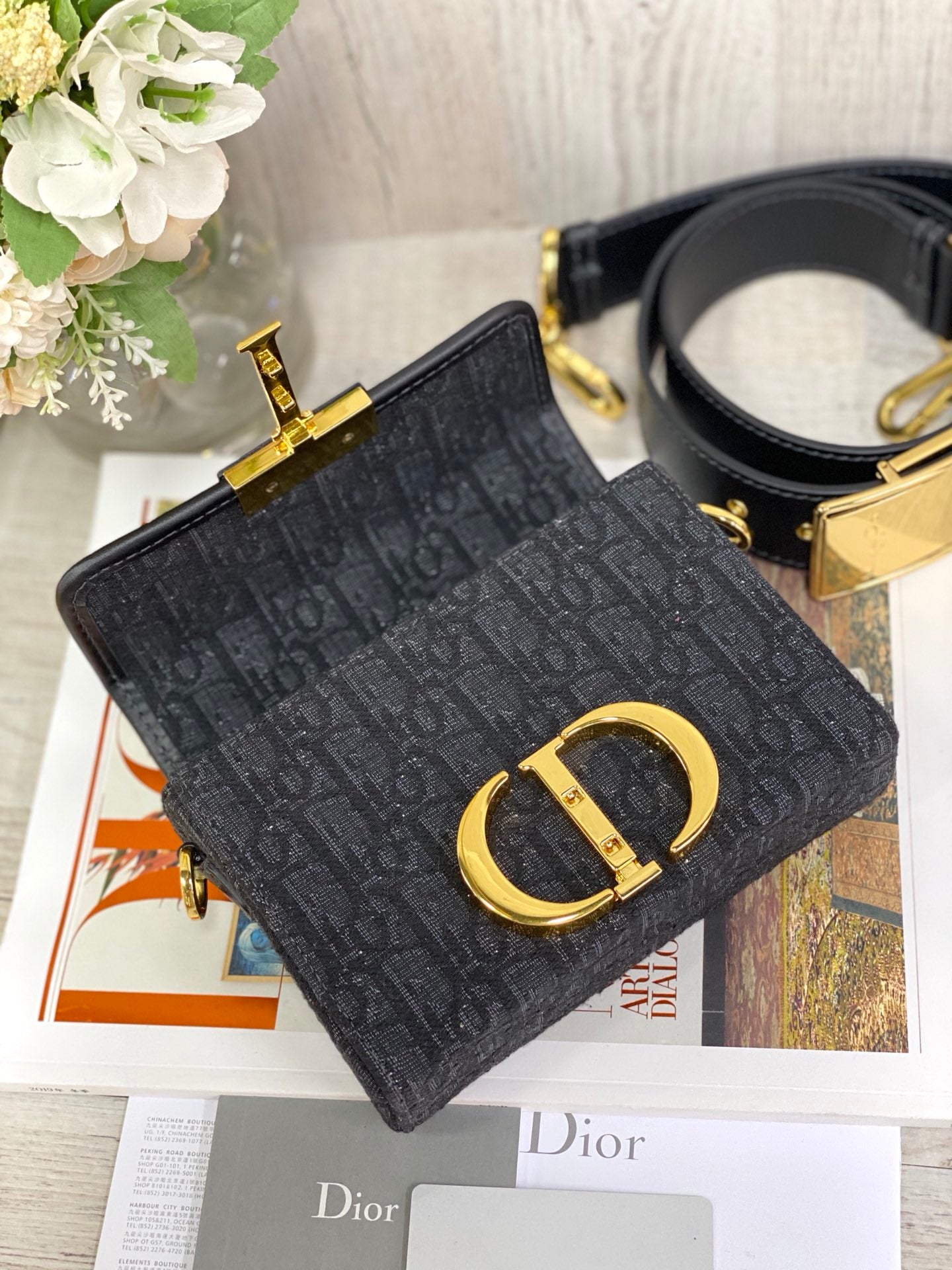 Dior 蒙田 Mini Box-帆布刺繡-金扣-17.5cm-黑
