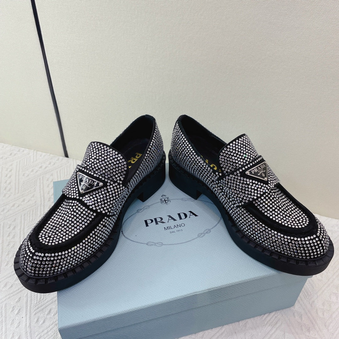 Prada 鞋-Prada 貼鑽 厚底樂福鞋（銀）