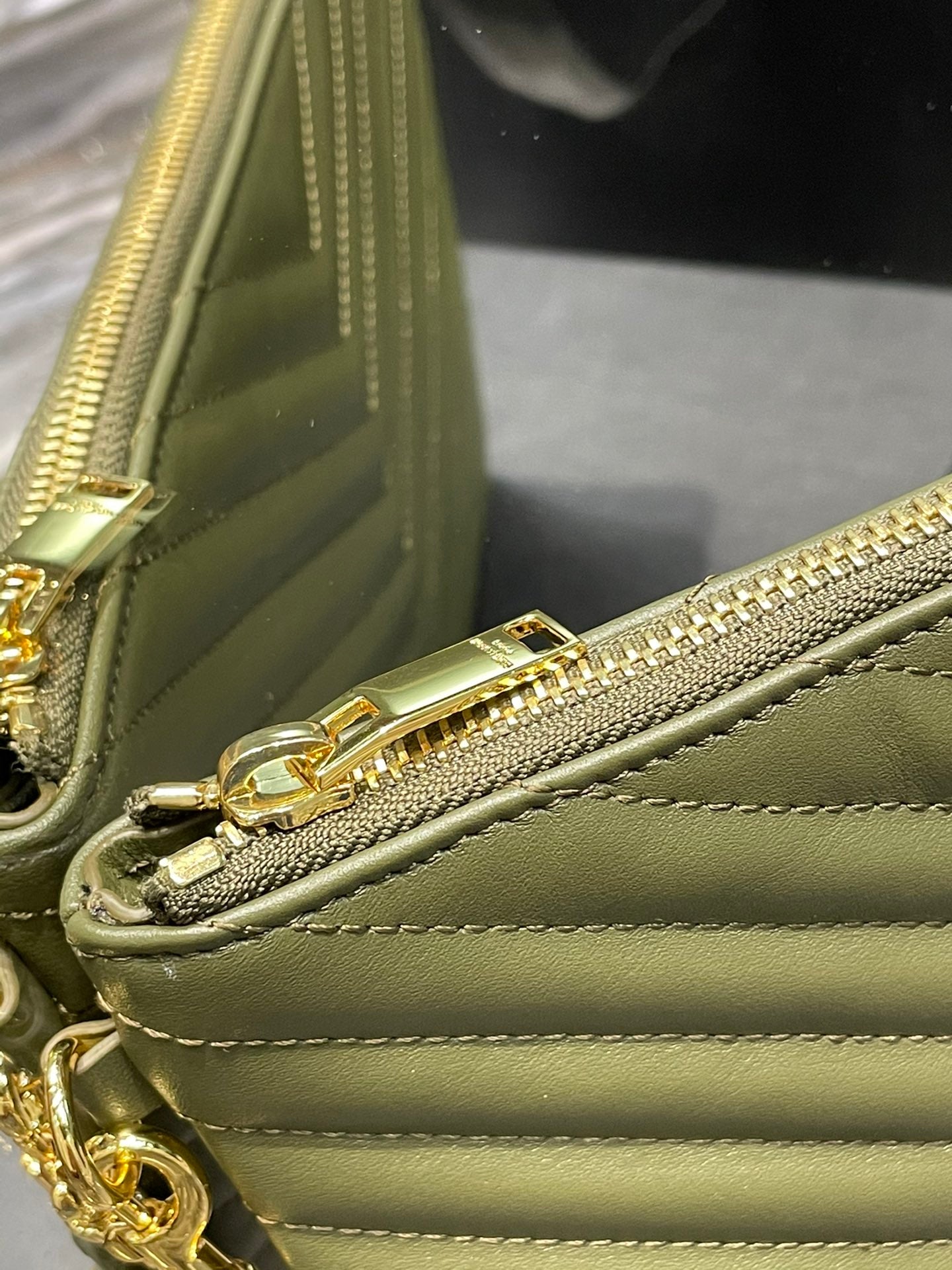 YSL_提花拼接文件手拿包-綠色金扣-30cm