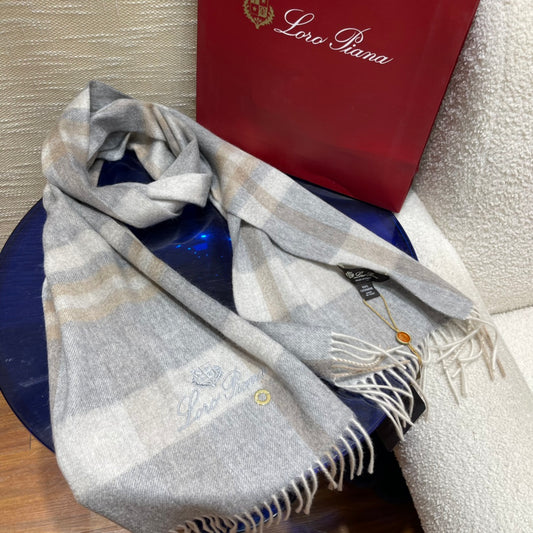 L-Piana-格子圍巾 30*168cm 100%羊絨 灰色