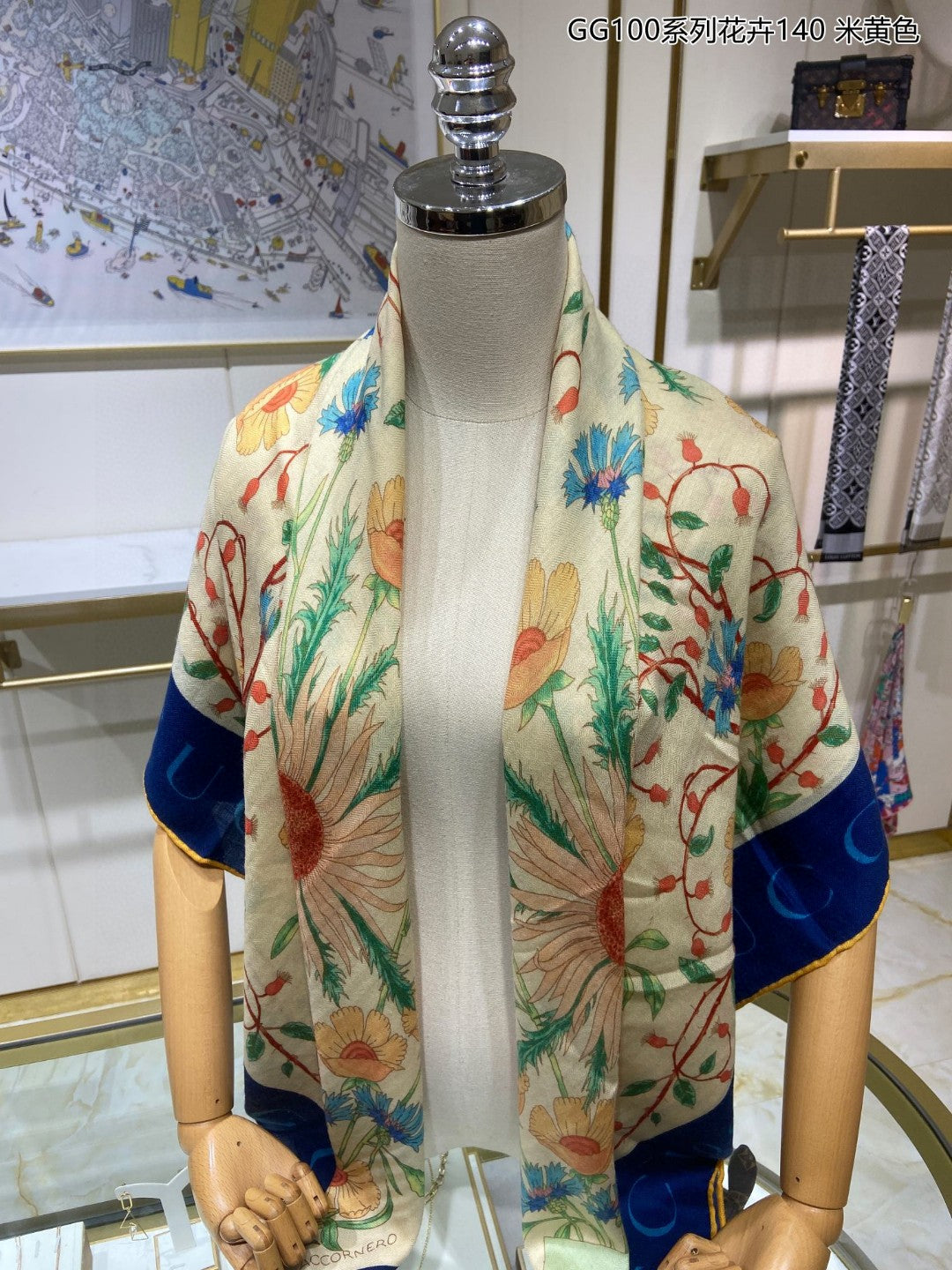 古G家-100系列花卉方形圍巾 140*140cm 80%羊絨+20%真絲 黑色