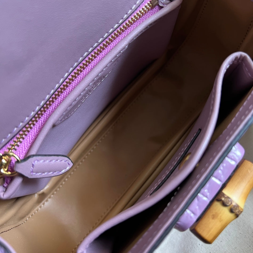 古G家-竹節 手提袋 鱷魚紋牛皮 紫色