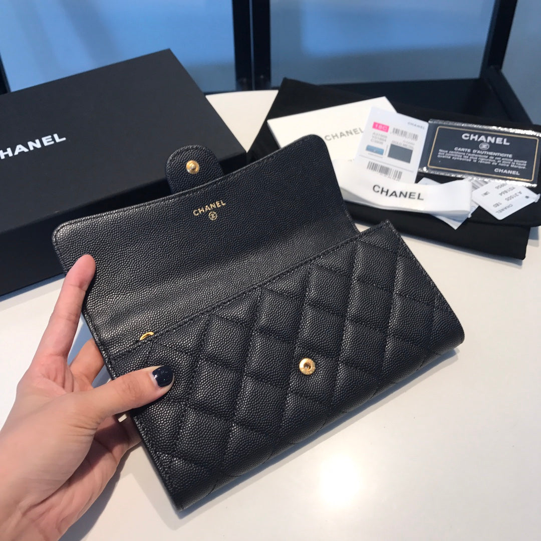 Chanel CF翻蓋長夾-黑色荔枝皮金釦
