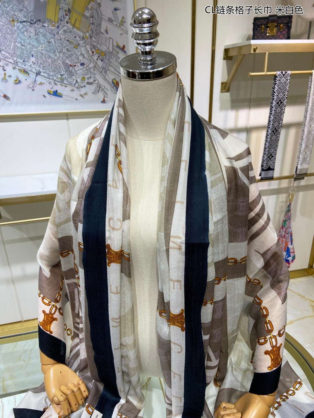 賽C家-鏈條格子長絲巾 110*200cm 100%頂級羊絨