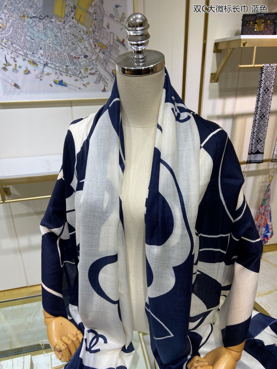 小香家-雙C大微標長圍巾 110*200cm 100%頂級羊絨 藍色