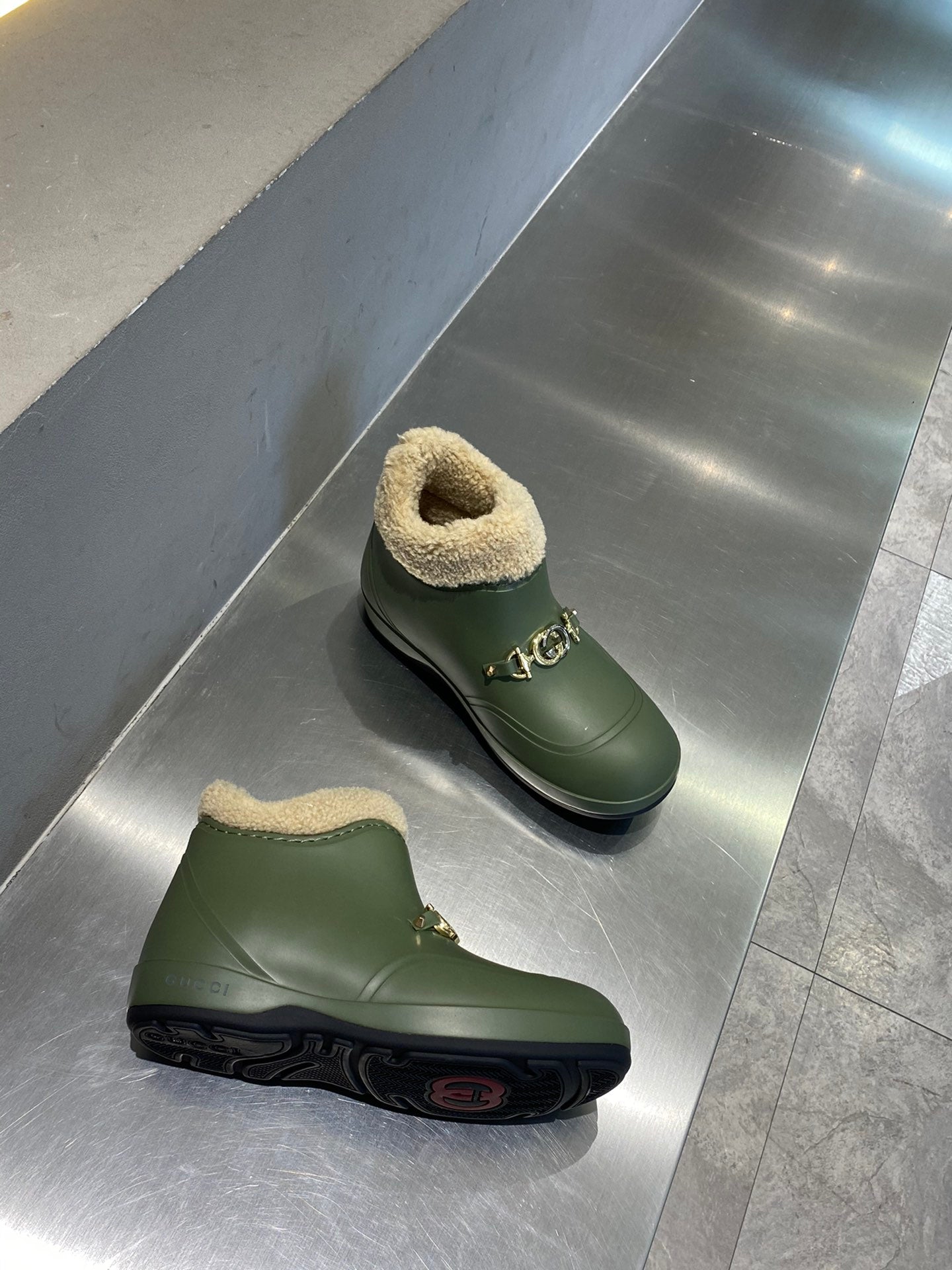 古G家-IP橡膠發泡 毛毛保暖雨靴 軍綠色