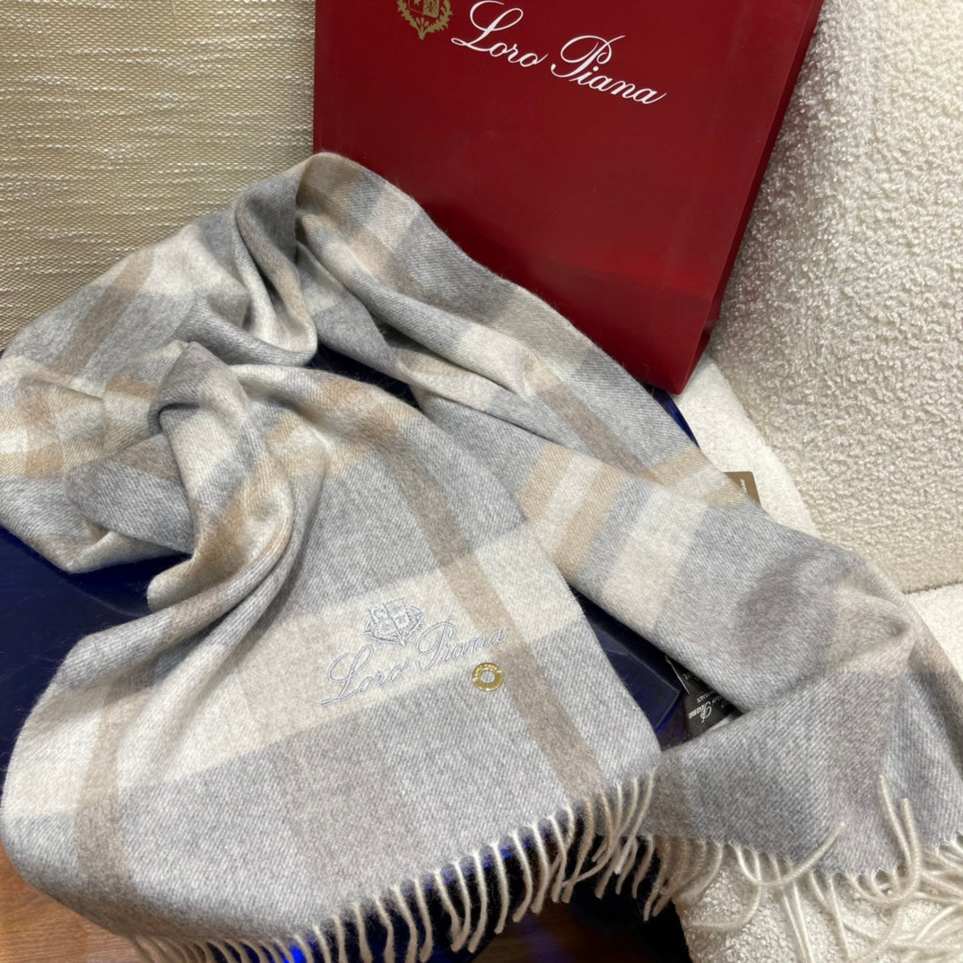 L-Piana-格子圍巾 30*168cm 100%羊絨 灰色