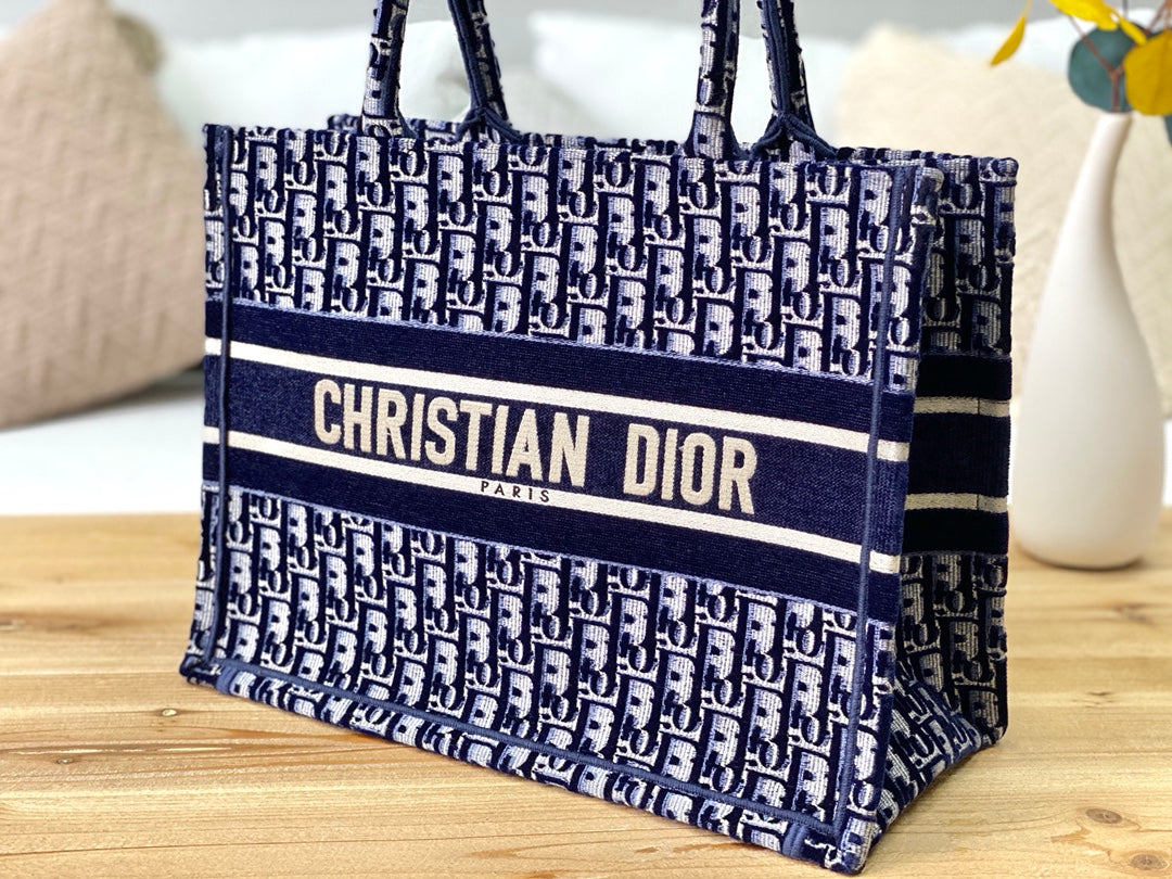Dior Book Tote-小號36.5cm-深藍老花天鵝絨