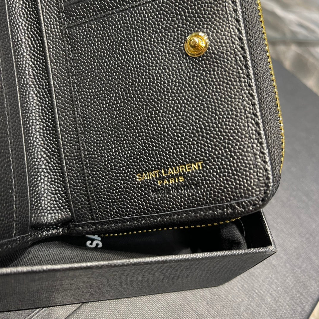 YSL 拉鍊短夾 黑色金扣