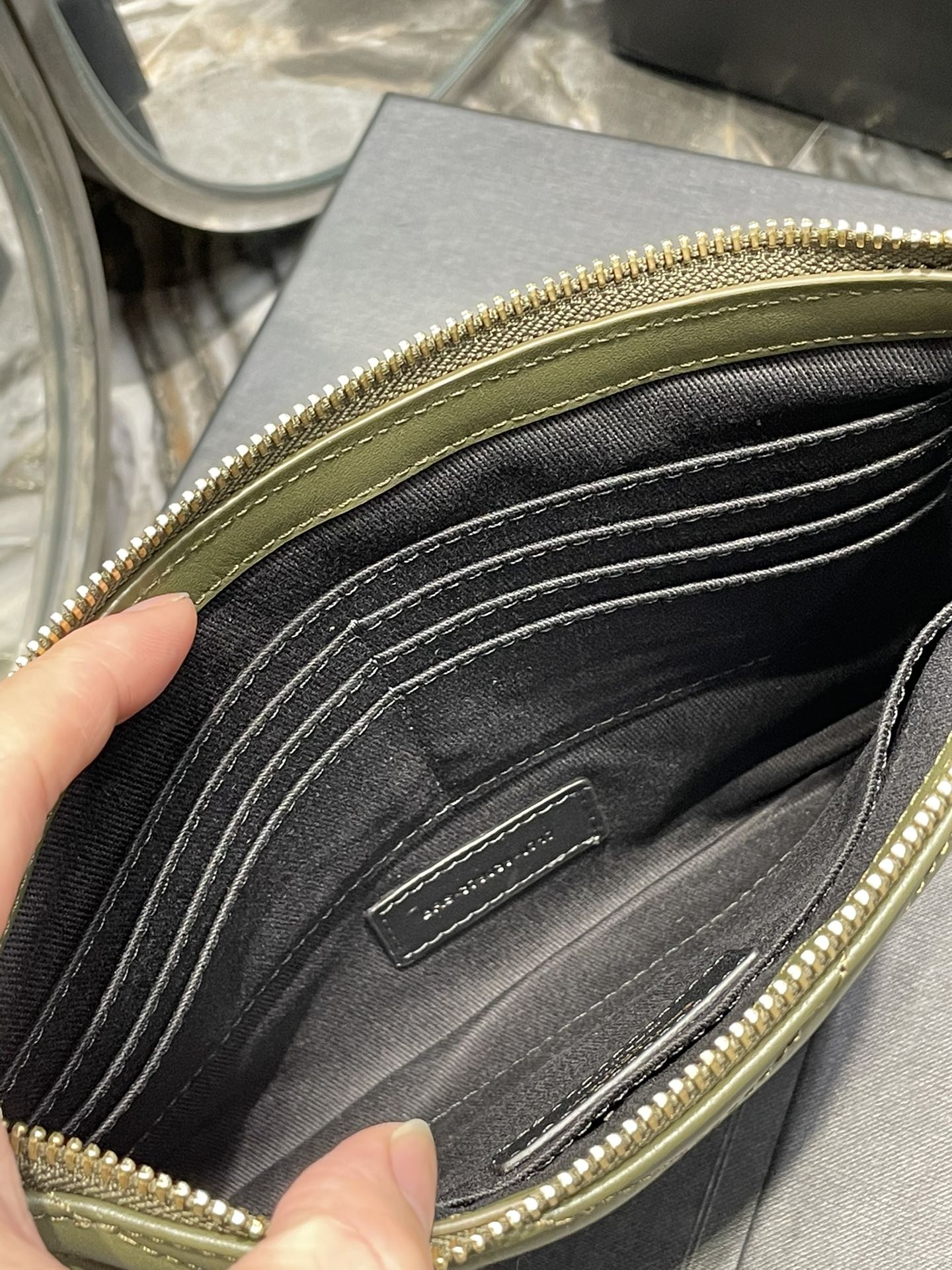 YSL 提花拼接文件手拿包-綠色金扣-24cm