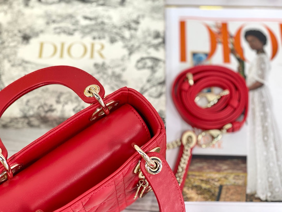 Dior-Mini Lady Dior手袋-三格黛妃-17cm -紅色金扣