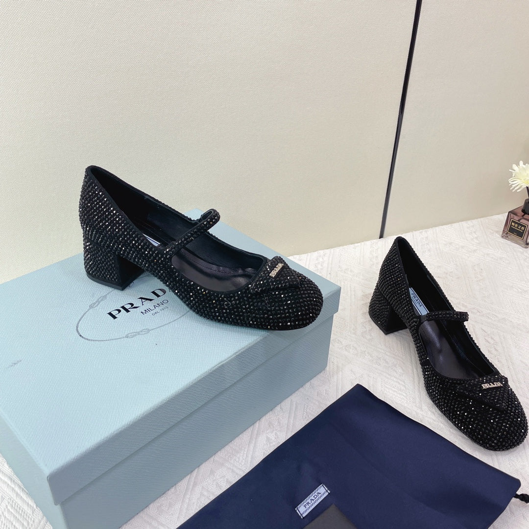 Prada 鞋-Prada 貼鑽低跟 瑪莉珍鞋（黑）