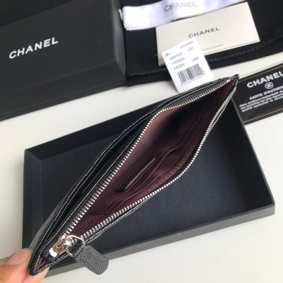 Chanel 拉鍊長夾卡包-扁長夾-黑色荔枝皮銀扣