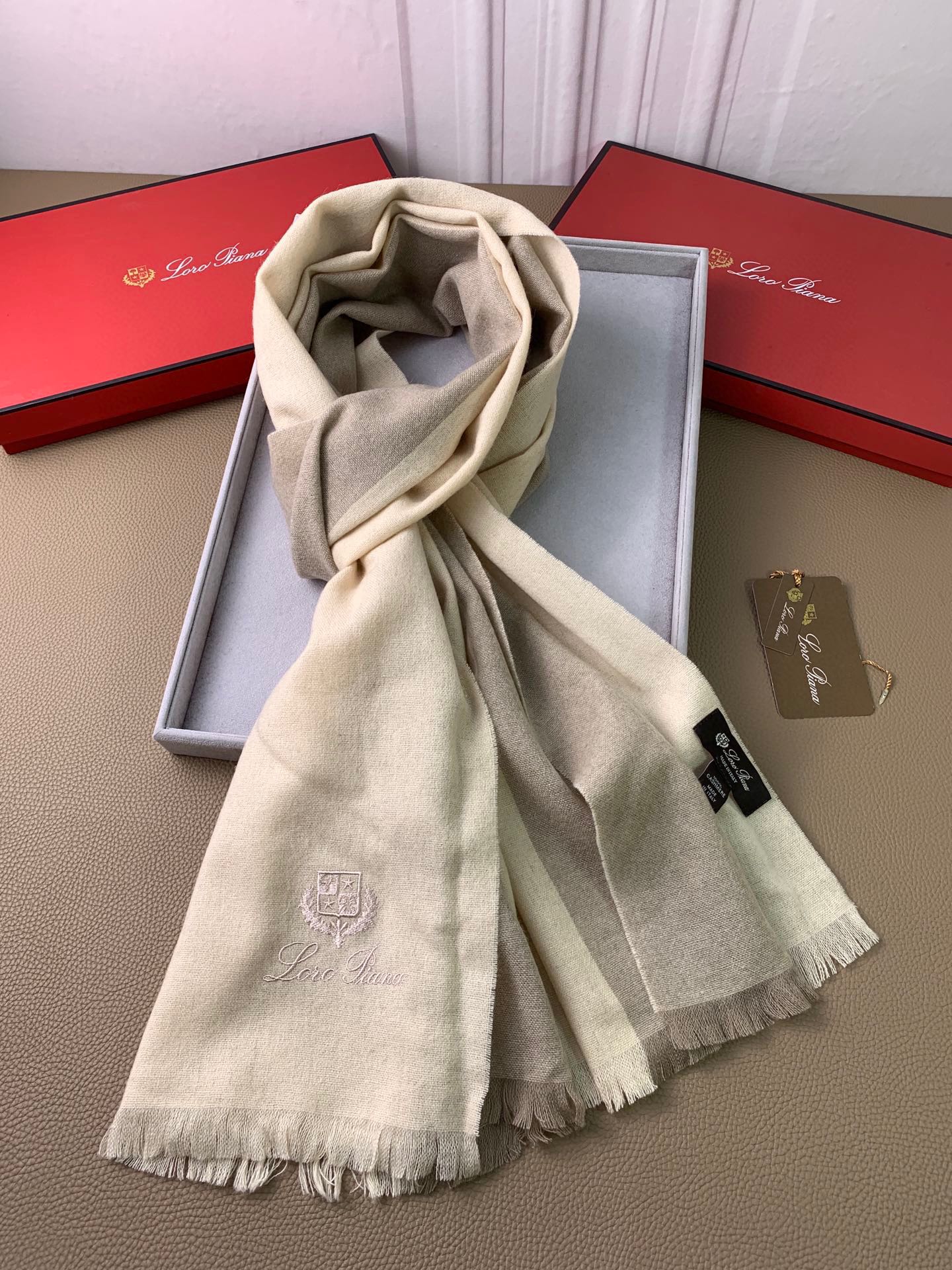 L-Piana-拼接羊毛混料圍巾 200*75cm 100%羊毛 米色