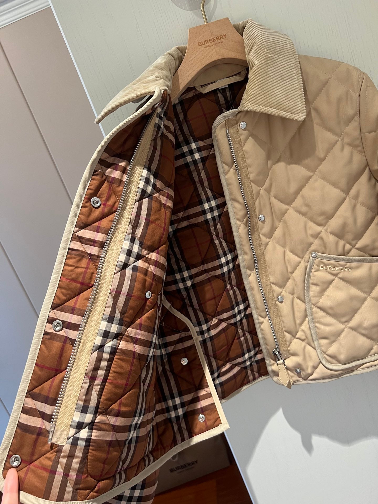 巴B家-秋冬棉服-經典格紋拼接燈芯絨衣領