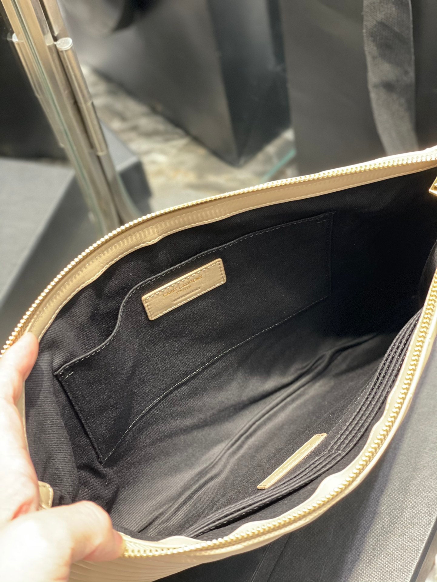 YSL 提花拼接文件手拿包-杏色金-36cm