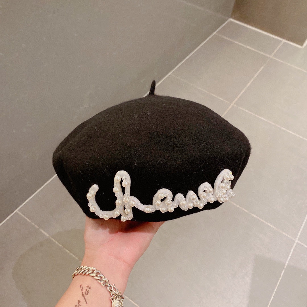 小香家-刺繡珍珠毛呢 貝雷帽 黑色