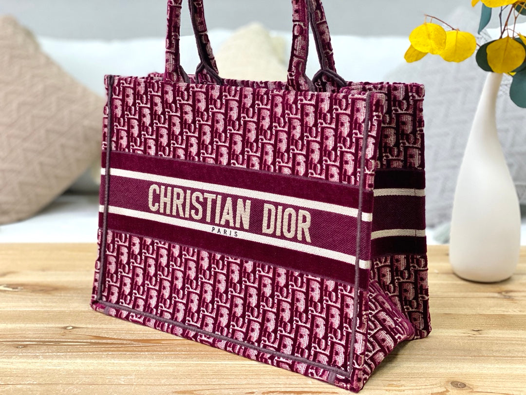 Dior Book Tote-小號36.5cm-紅色老花+天鵝絨