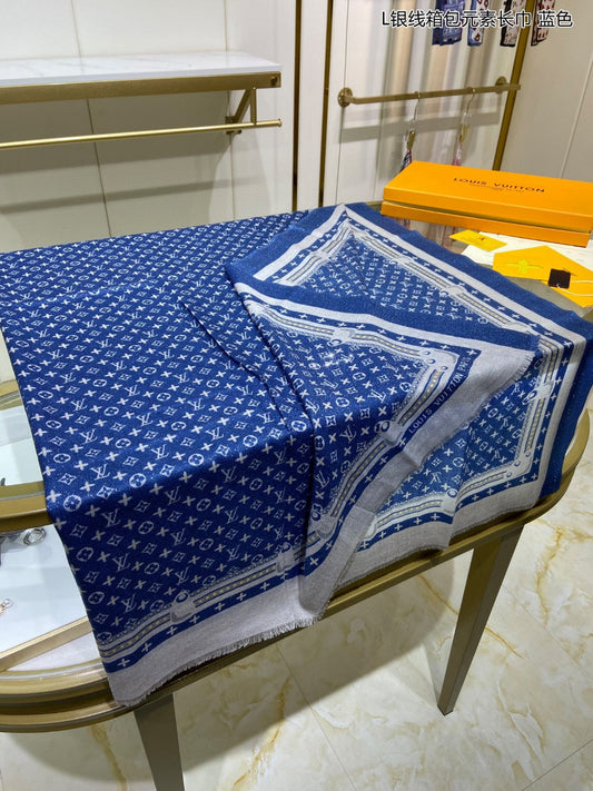 路L家-銀線箱包元素圍巾 110*200cm 100%頂級純羊絨 藍色