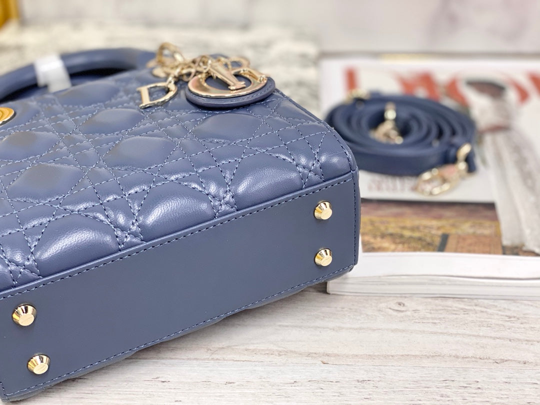 Dior-Mini Lady Dior手袋-三格黛妃-17cm-深藍丹寧金扣